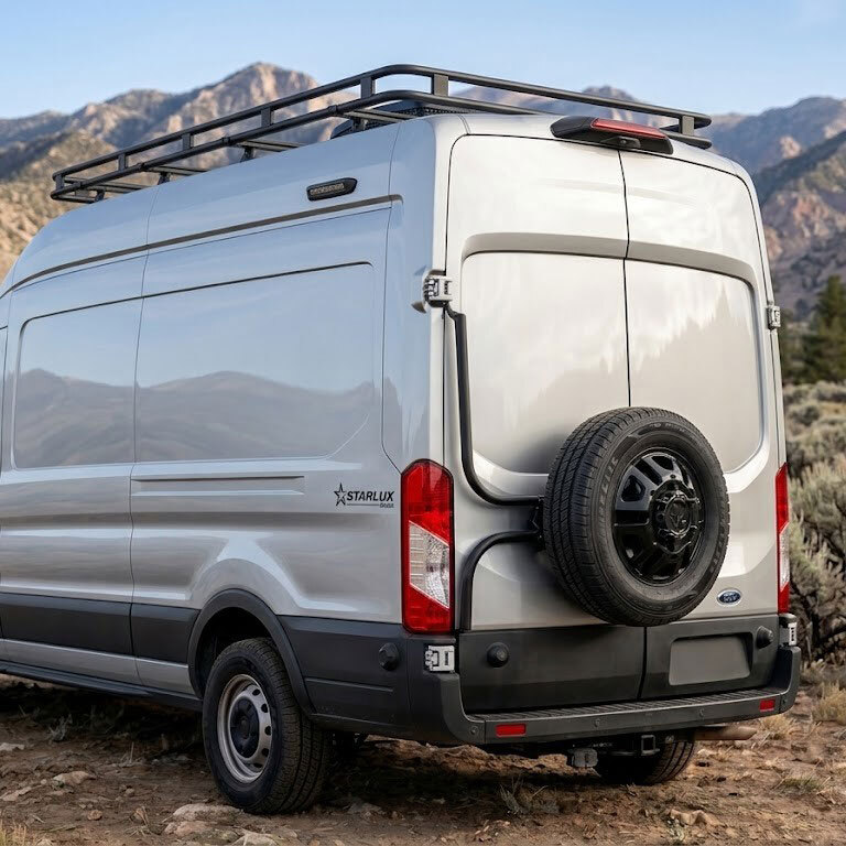 Surco TF300 rear door tire carrier on Ford Transit van Surco TF300 rear door tire carrier on Ford Transit van