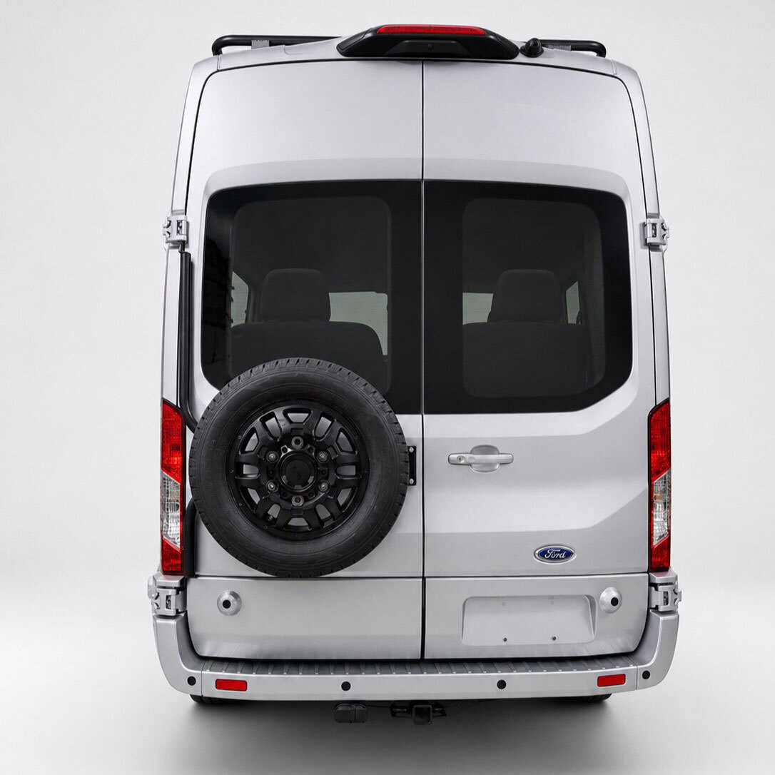 Surco TF300 black driver-side rear door tire carrier on Ford Transit van holding a mounted spare tire Surco TF300 black driver-side rear door tire carrier on Ford Transit van holding a mounted spare tire